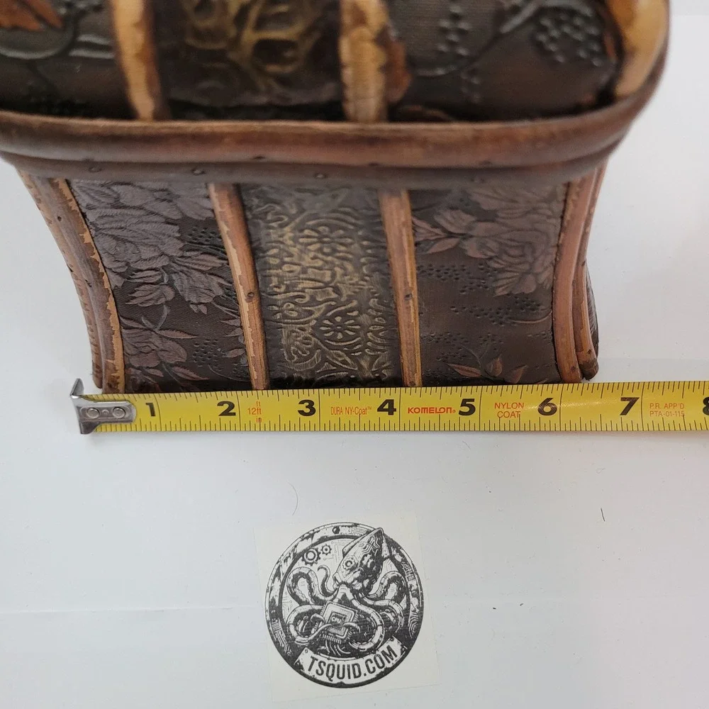 Vintage Decorative Keepsake Box Brown Floral Embossed Bamboo Trim Flared